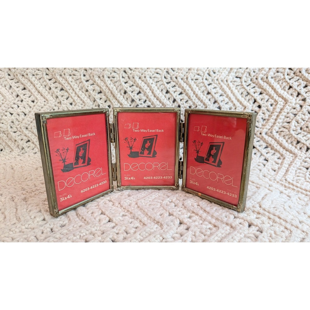 Decorel Vintage Brass Triple Folding Picture Frame 3.25x4.25 Triptych 4203-4223